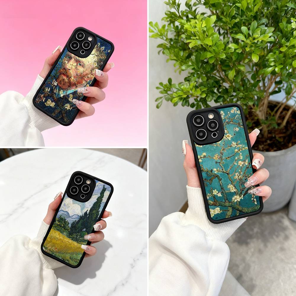 Ретро Масляная краска Ван Гога Для iPhone 17 16 15 14 13 12 11 Pro Max Plus Черный Полное покрытие Мягкий Чехол Силиконовый Чехол