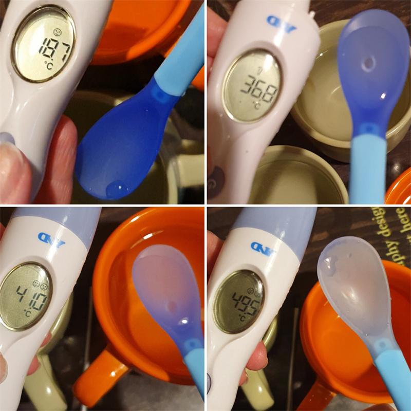 Реальный снимок, детская ложка с датчиком температуры, мягкая головка, безопасное кормление, теплая вилка для супа, ложка для кормления младенцев, термочувствительная термодетская посуда
