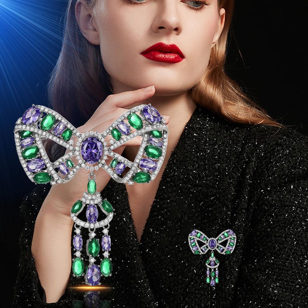 SUYU Women's Light Luxury Inlaid Zircon Tassel Pendant Bow Brooch Fashionable Versatile Niche Design Brooch Daily Accessories