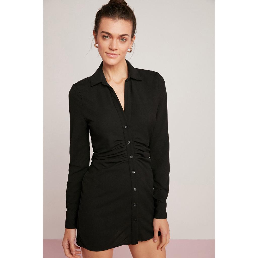 Rhea Women's Knitting Crepe Interlock Drape Detailed Shirt Collar Buttoned Mini Size Black Dress