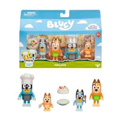Bluey Игровой набор из 4 фигурок Шеф-повара Паволовой, Фигурки для малышей и набор игрушек с аксессуарами шеф-повара, Подвижные, для детей от 3 до 5 лет