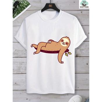 Relaxed Sloth Lying on Branch Graphic Print Cotton Short Sleeve Baseball Tee