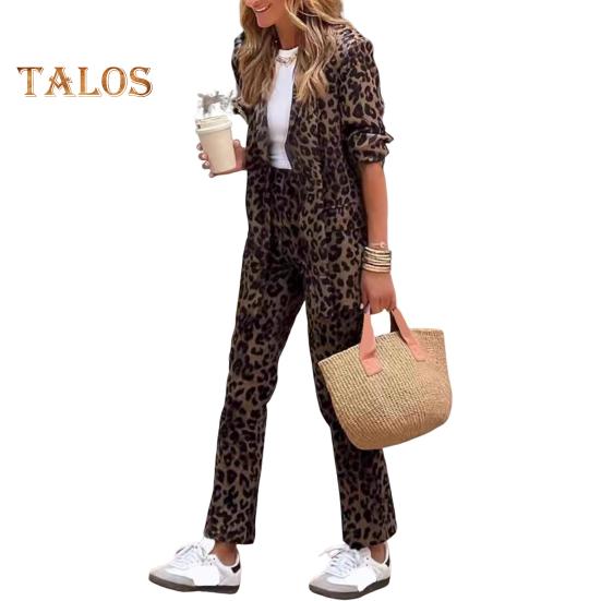 2 шт./комплект женский формальный пиджак брюки комплект длинные рукава леопардовый принт лацкан кардиган средней длины пиджак прямые брюки с высокой талией формальный деловой