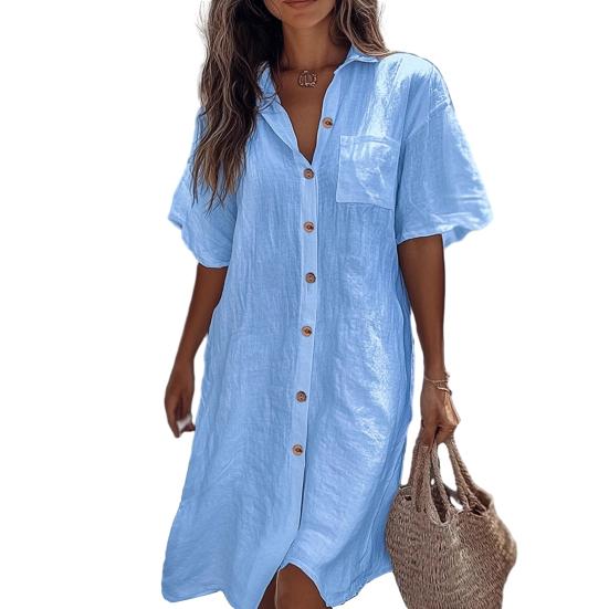 Women Shirt Lapel Short Sleeve Casual Commuter Style Shirt Solid Color Loose