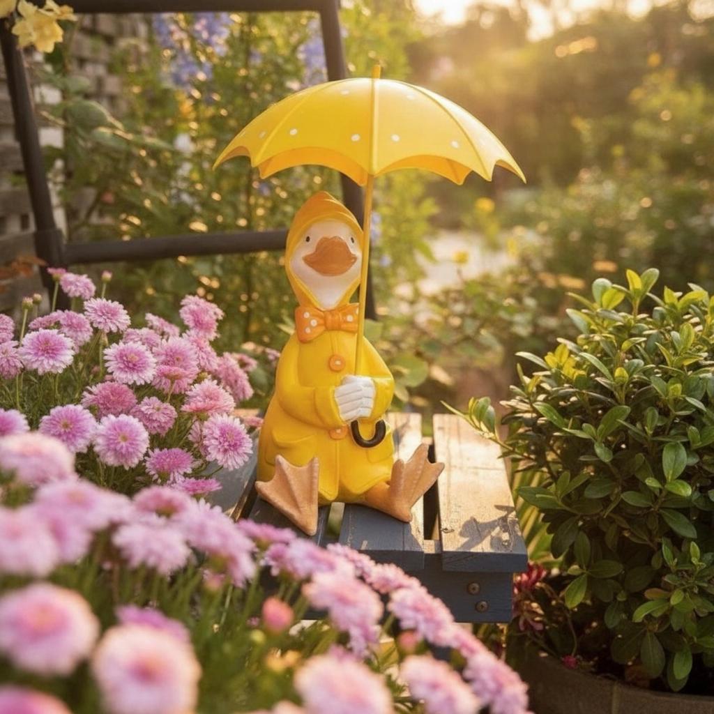 Duck Figurine with Umbrella Whimsical Ornament Cartoon-Style