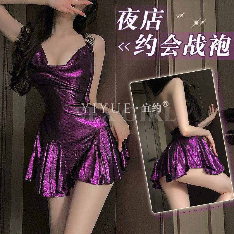 Sexy Purple Shiny gilded nightclub swing neck dress Women's romantic underwear Uniform Seductive pajamas 8996