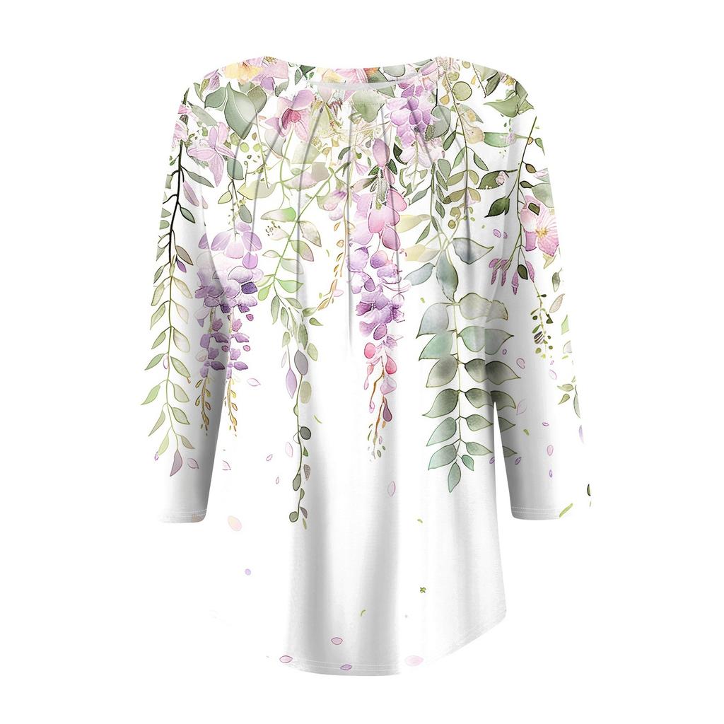 Женская модная повседневная футболка с круглым вырезом и рукавом семь четвертей в стиле ретро с принтом, плиссированная футболка