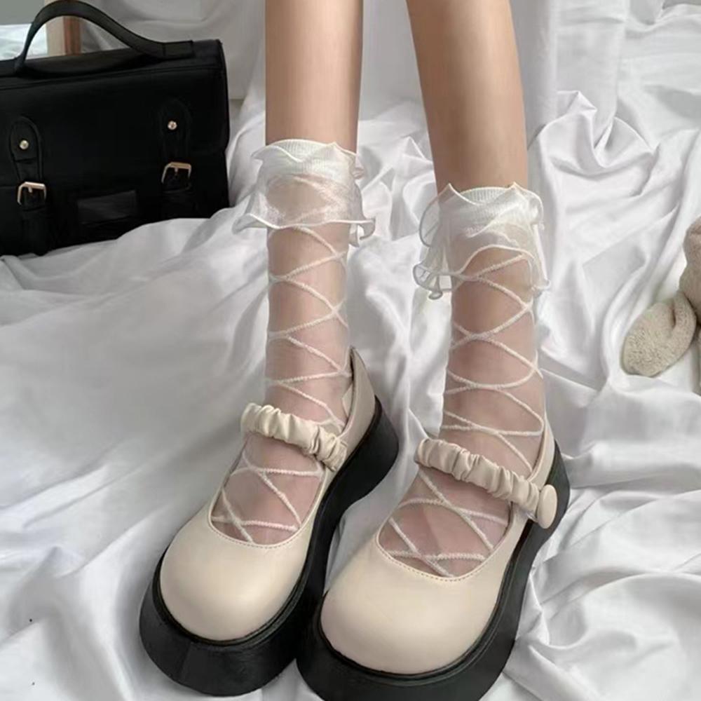 Women Lolita Organza Ruffle Ankle Socks, Summer Sheer Glass Silk Crisscross Strap Mesh Socks, Japanese Sweet Cosplay Short Socks