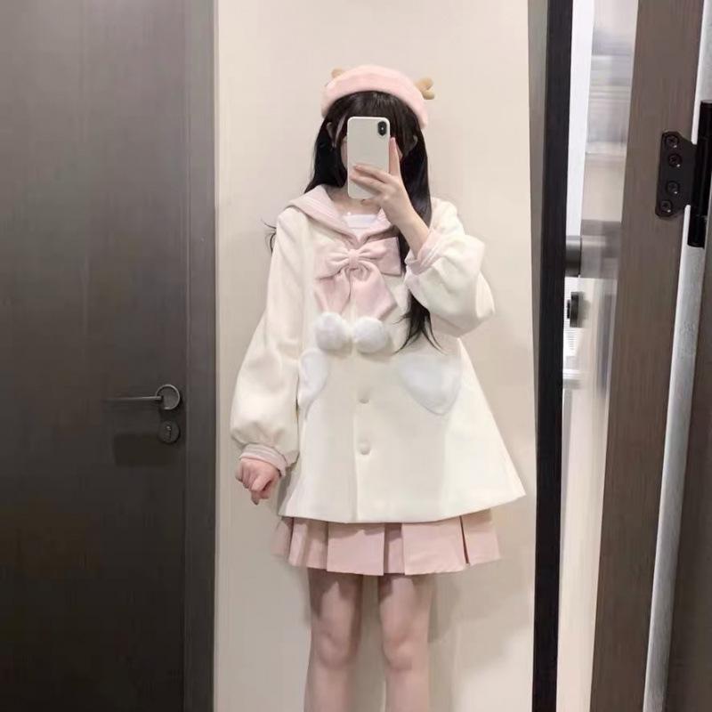 Женские пальто Контрастный матросский воротник бант однобортный сердечко карман сладкий возраст уменьшение универсальное шерстяное пальто женская одежда