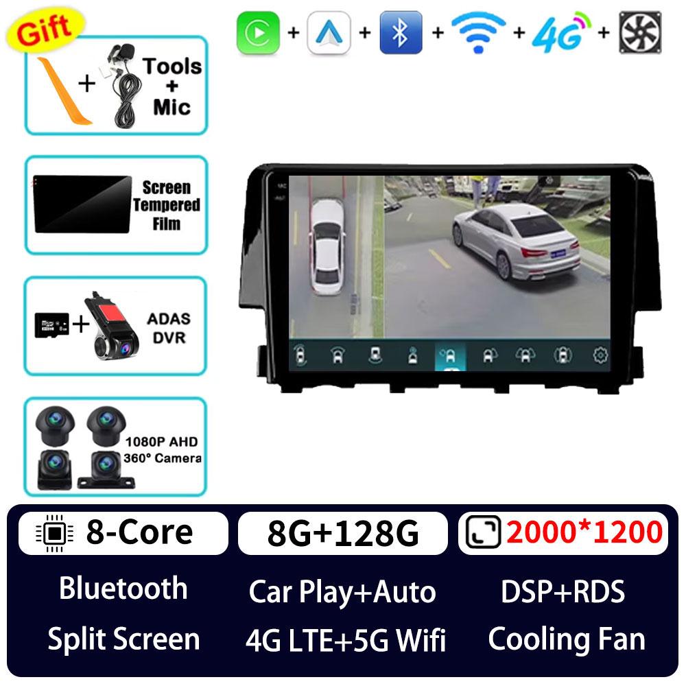 Autoradio Android 16 pour Honda Civic 10 FC FK 2015 - 2020, lecteur multimédia GPS, unité centrale Navi, Carplay sans fil, stéréo vidéo DSP