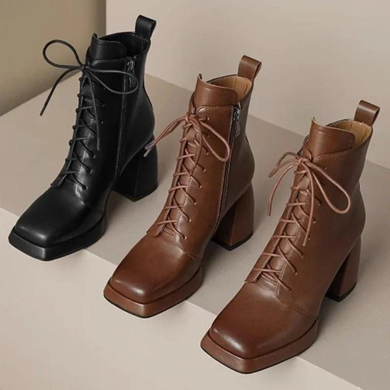 Модные женские туфли на высоком каблуке, ботильоны на толстой платформе, ботинки челси, осень 2024, шнуровка, квадратный носок, повседневный бренд Zapatos De Mujer Trafza