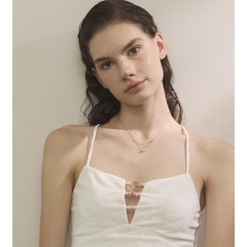 Yhpup Chic Stainless Steel Double-Layer Chain Zirconia Exquisite Pendant Necklace Temperament Fashion Daily Jewelry Waterproof