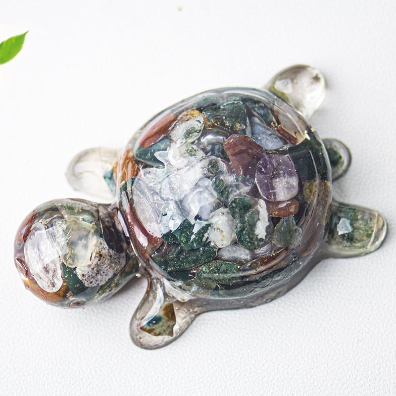 Resin Art Turtle Figurine With Natural Water Crystal Stones For Desk And Room Decor