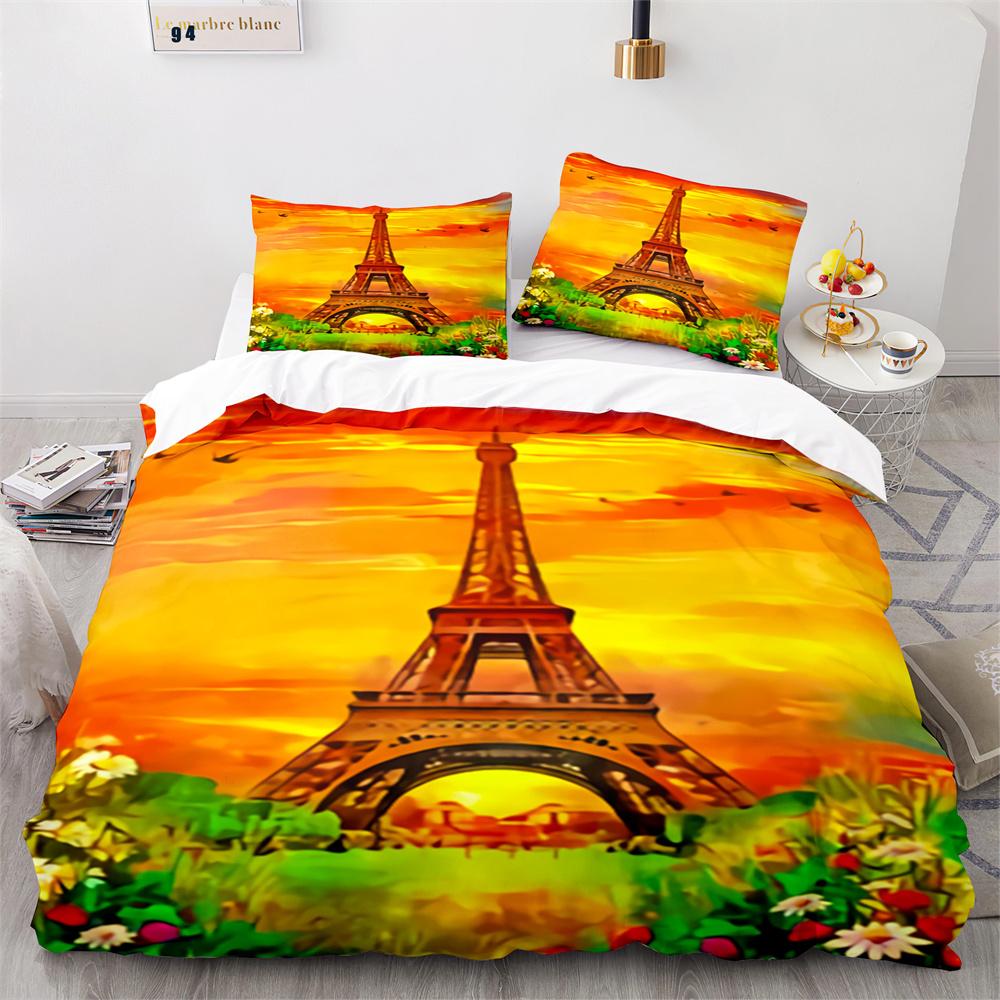 Paris Eiffel Tower Themed Duvet Cover Set City Landscape Sky Cloud Comforter Cover Home Decor Romantic Bedspread Cover King Size