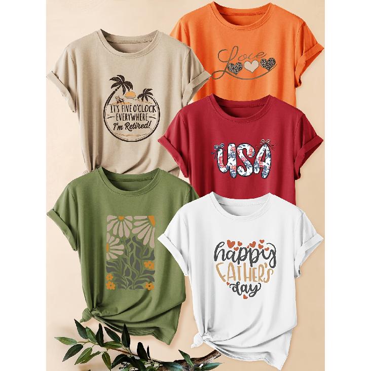 Five-piece set of women's short-sleeve shirts with letter and plant prints happy father day Coconut Tree Abstract Floral Print Round Neck Summer