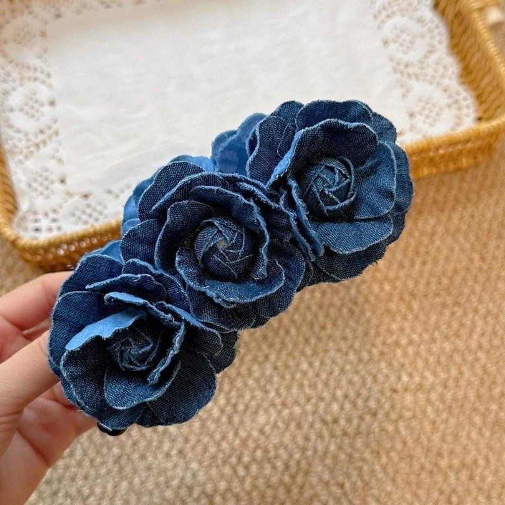 Denim Blue Women Vertical Clip Camellia Floral Twisted Hair Clip Flower Banana Clips Daily
