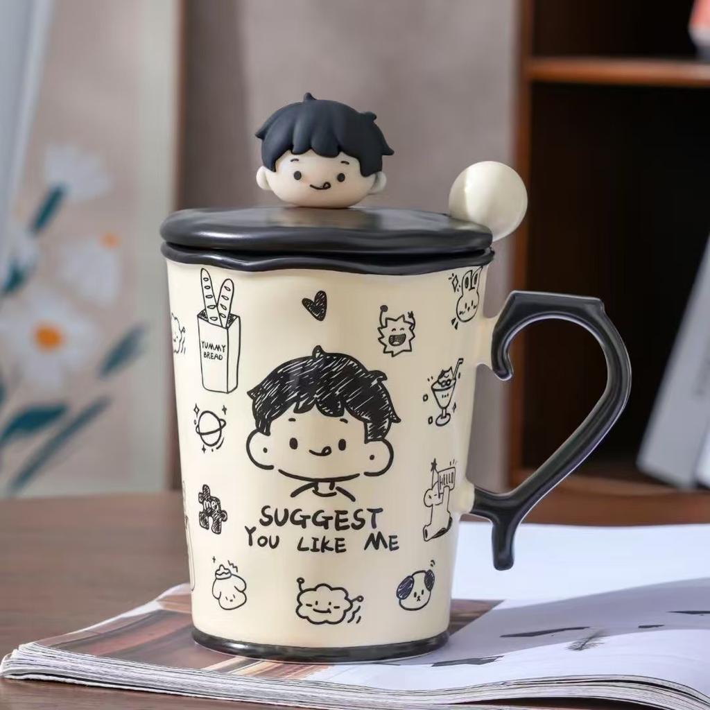 Креативная Персонализированная Пара с Крышкой и Ложкой Керамическая Чашка Высокого Внешнего Вида Большая Вместимость Кружка для Маленького Подарка для Девочек Чашка для Воды для Домашнего Использования