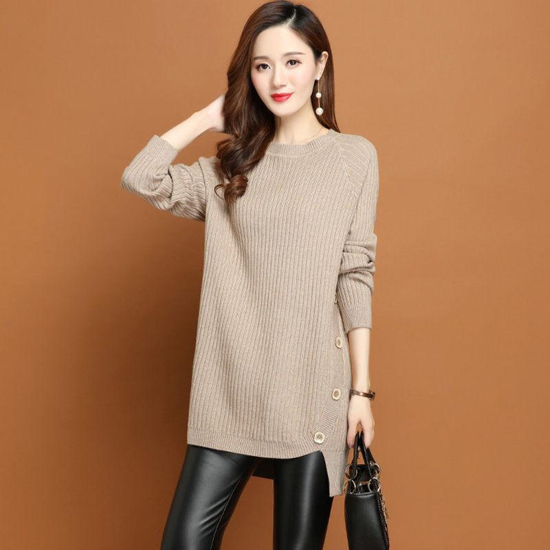 Women's Crew Neck Sweater Autumn Winter Loose Midi Pullover Knitwear Simple Irregular Hem Thick Knit Top Solid Color Stretch Jumper