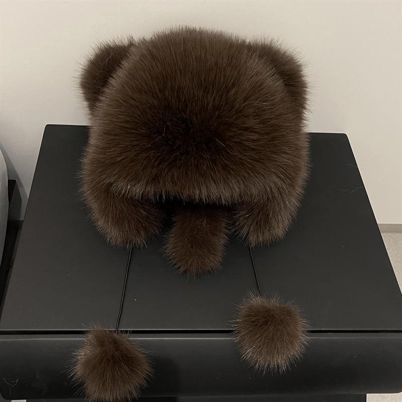 Y2K Winter New Style Fox Fur Bomber Hat with Thickened Earmuffs for Women Paternity Raccoon Ear Caps