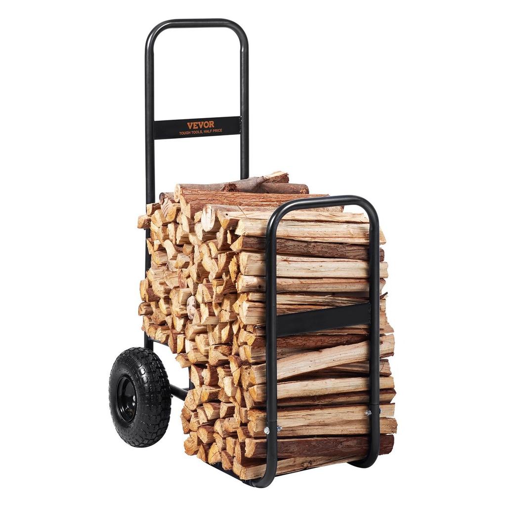 Firewood Log Cart, 113.4 kg Load Capacity, Outdoor and Indoor Wood Rack Storage Mover with Pneumatic Rubber Wheels, Heavy Duty Steel Dolly Hauler,