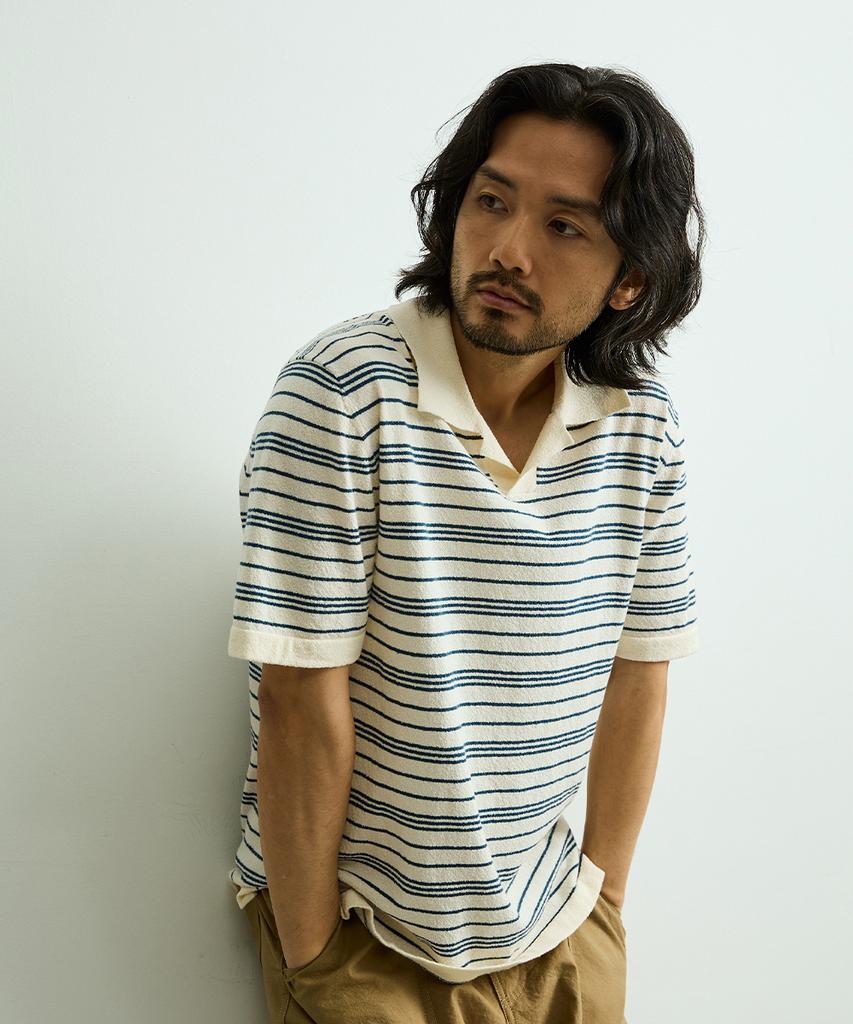 ONNHANS Striped Open Collar Short Sleeve Knit_Ivory