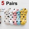 5 Pairs Kitten Patterned Women Knitted Cotton Socks Summer Sweat Absorbing Breathable Soft Comfortable Casual Boat Socks