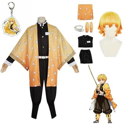 Костюм для косплея Demon Slayer Agatsuma Zenitsu, аниме Kimetsu No Yaiba Zenitsu, парик для взрослых и детей, кимоно, униформа, костюм на Хэллоуин
