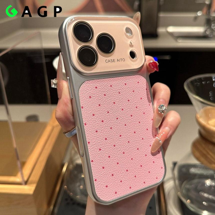 Большое Окно для Камеры Мультяшный Чехол в Горошек для For Iphone 17 16 14 1 Pro Max 13 Ударопрочный Чехол из Искусственной Кожи с Рисунком Личи