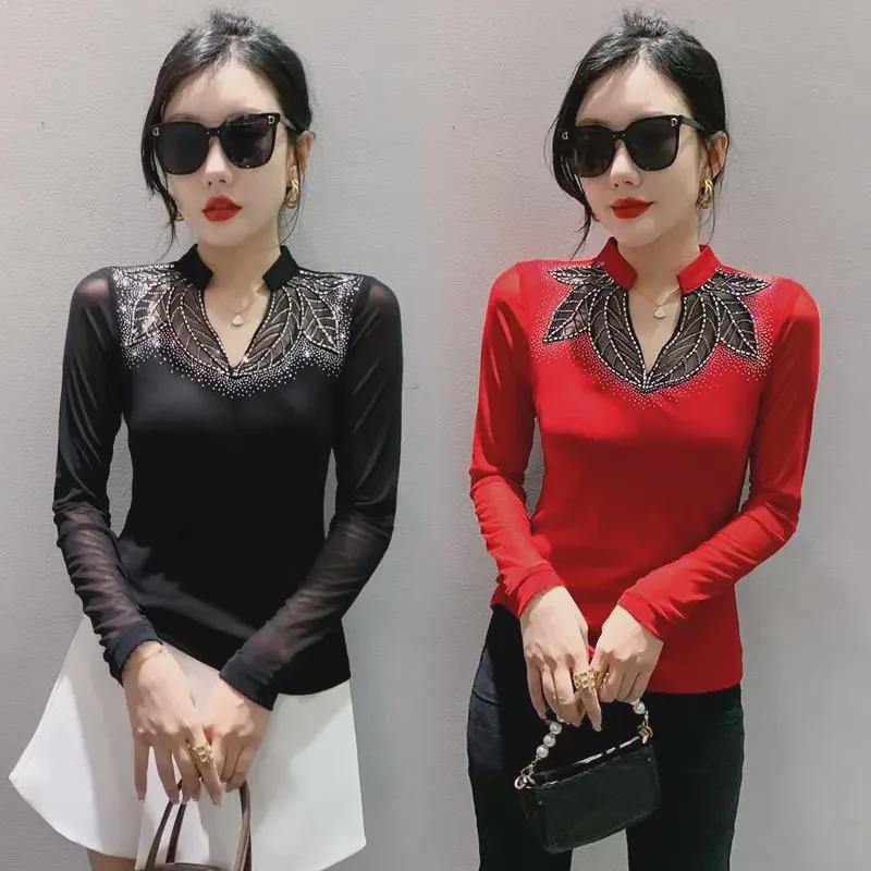 Осенняя дизайнерская облегающая блузка с длинными рукавами 2023 года с яркими ромбовидными деталями для женщин