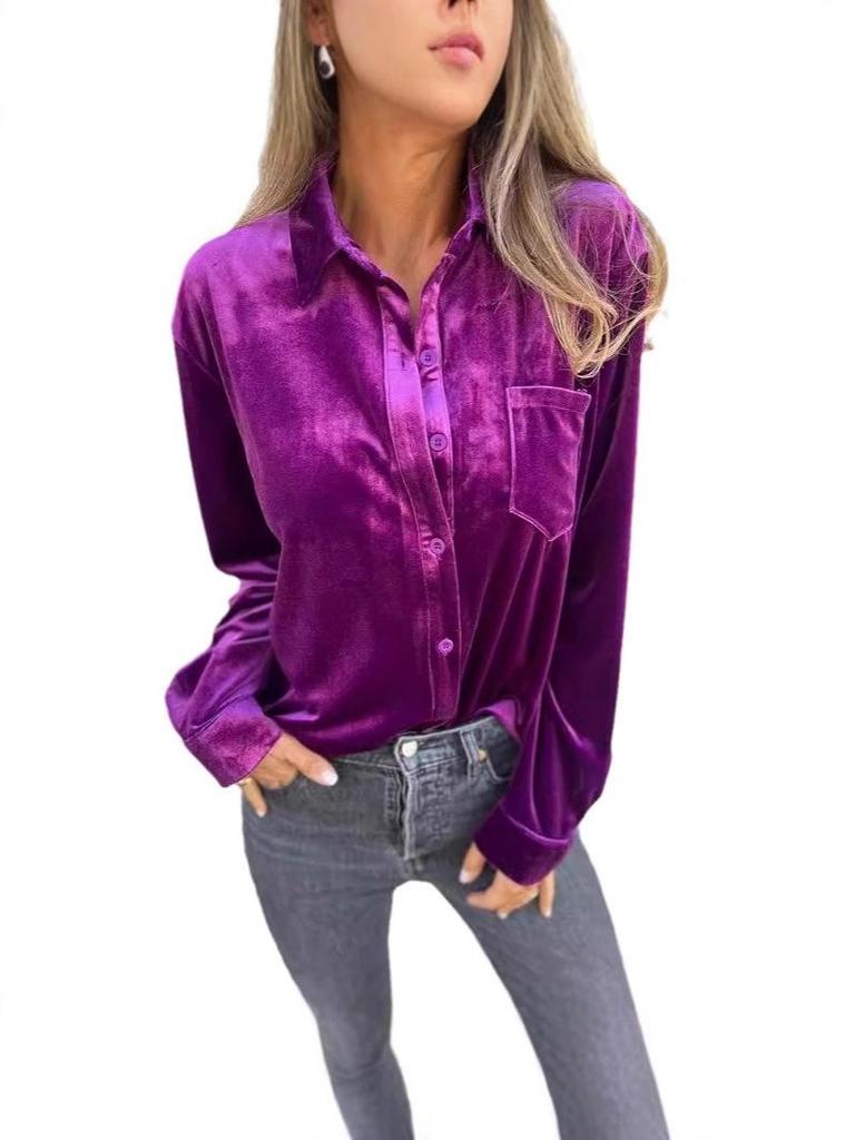 Модная золотая вельветовая рубашка с отложным воротником 2025 (Осень зима)