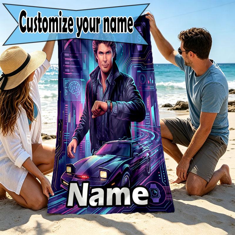 Custom Name Personalized Knight Rider Print Beach Towel, for Trip Camping Beach Party Home Decor, Birthday Gift for Family & Friends