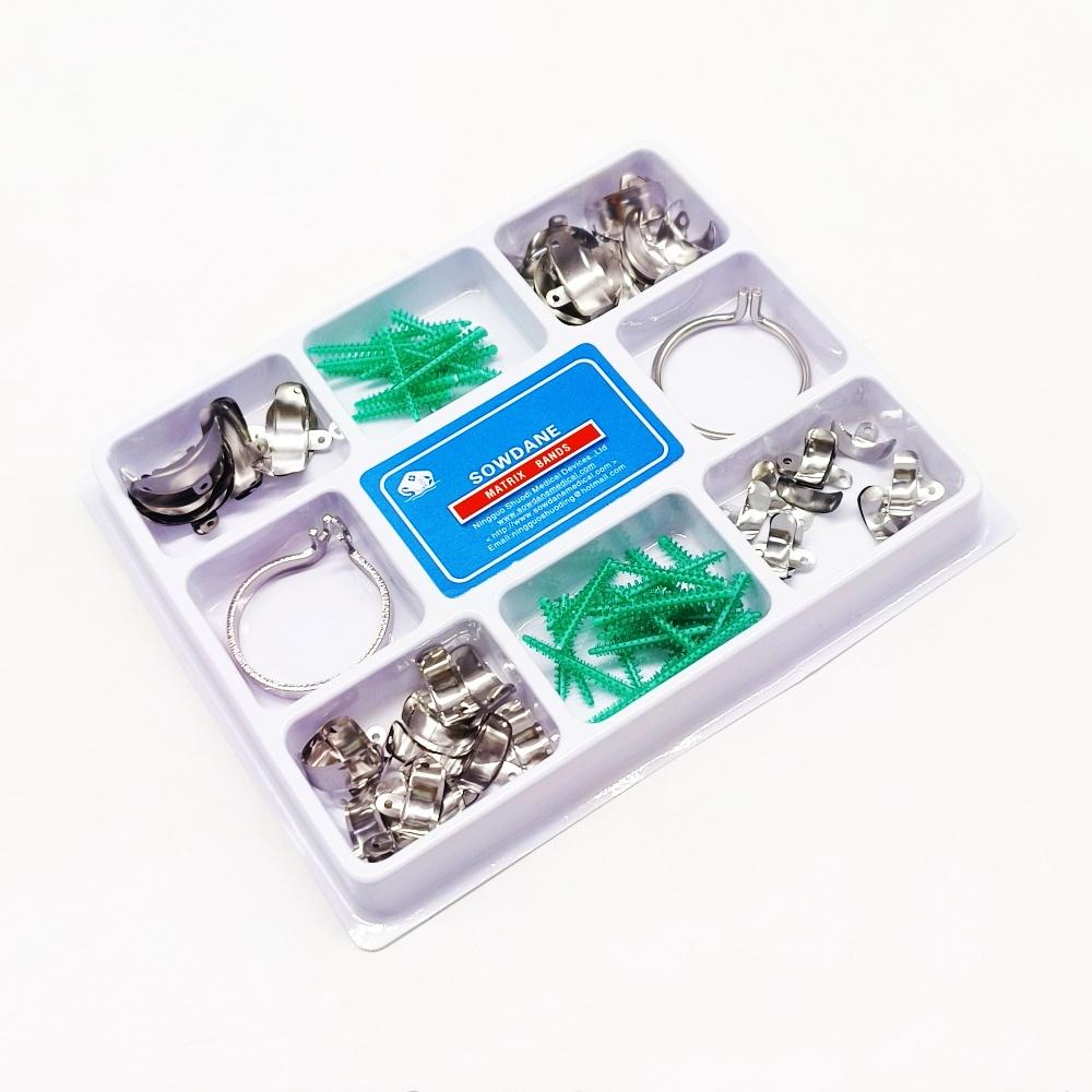 1 коробка, новые стоматологические 80 шт./упак., секционные контурные металлические матрицы, матрицы M4, набор матричных клиньев с дополнительными клиньями, резиновые клинья, полимерные зажимы