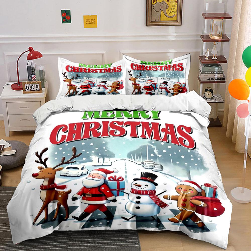 Merry Christmas Cartoon Set Bedding Duvet Cover Set Duvet Cover Pillowcases (1*Duvet Cover 2*Pillowcases, without duvet insert)