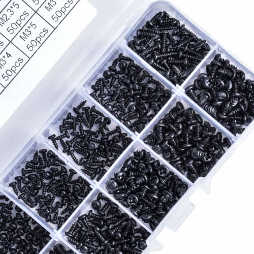 500-Piece Set of 9 Sizes of Carbon Steel Self-Tapping Screws, Cross Head, Self-Tapping Bolts, M2, M2.3, M2.6, M3, Round Head, Pan Head, with Storage C