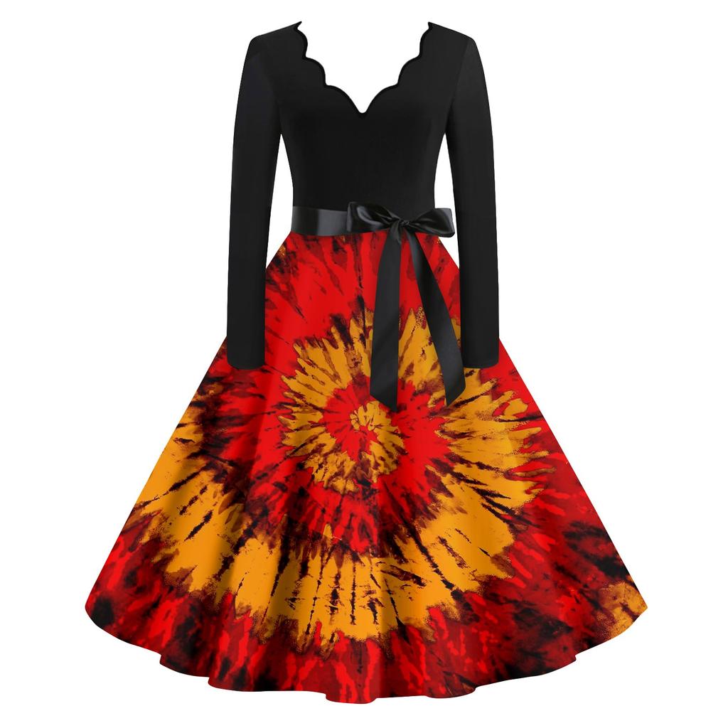 Женские повседневные модные винтажные длинные платья с длинным рукавом на Хэллоуин и графическим принтом