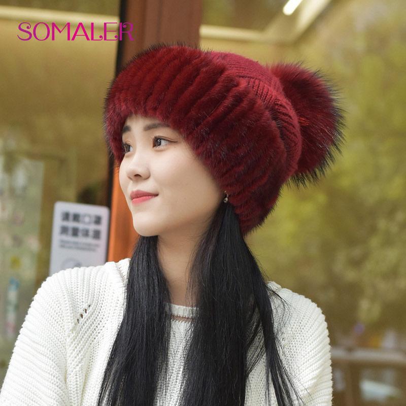 Winter Mink Fur Knitted Wool Hat for Women Fox Fur Pompom Slouchy Beanie Fashion Warm Style Cap Baggy Crochet Hat