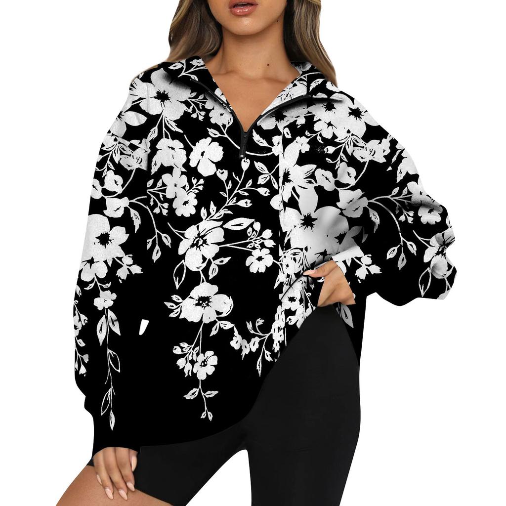 Женская повседневная модная толстовка на молнии с длинным рукавом и цветочным принтом, топ на молнии