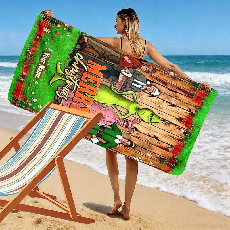 Name Custom Christmas Movie Print Beach Towel, Large Soft Quick Dry Towel for Beach Camping Swimming