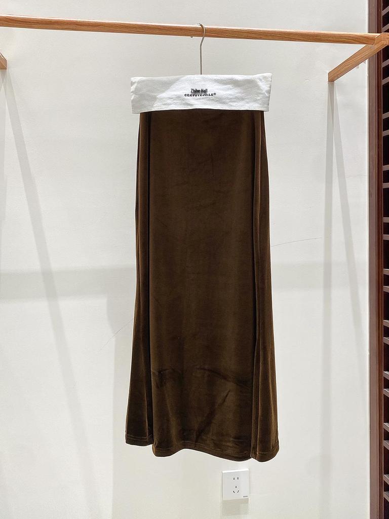 2025 Осень Женская Юбка Миди из Бархата с Завышенной Талией и Хвостом Русалки - Приталенный Дизайн в Национальном Стиле А-силуэта