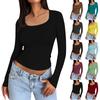 Women's Casual Fashion Square Neck Solid Color Long Sleeve T-shirt Top Pullover