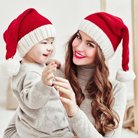 Шапка Санты для взрослых детей Мягкая вязаная рождественская шапка Классическая красная шапка-бини для родителей и детей с помпоном для рождественской новогодней вечеринки