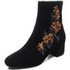 Women's 2025 autumn and winter new black matte sheepskin ethnic style embroidered fashion boots round head middle heel comfortable thin boots