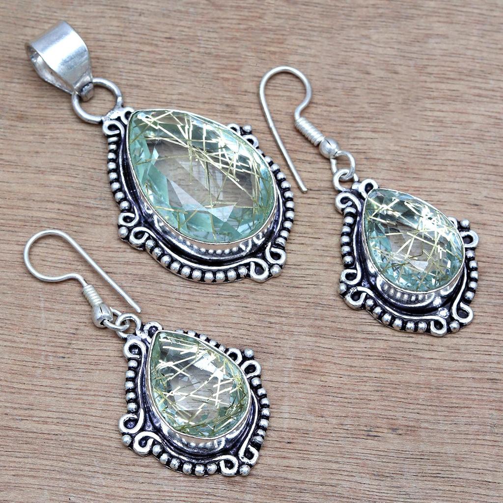 Rutile  Golden Set Earring Jewelry 18-20'' Pendant Quartz Sterling