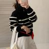 Autumn and Winter New Striped Semi-turtleneck Zipper Knitted Sweater Women's Casual Loose Lazy Wind Pullover Sweater