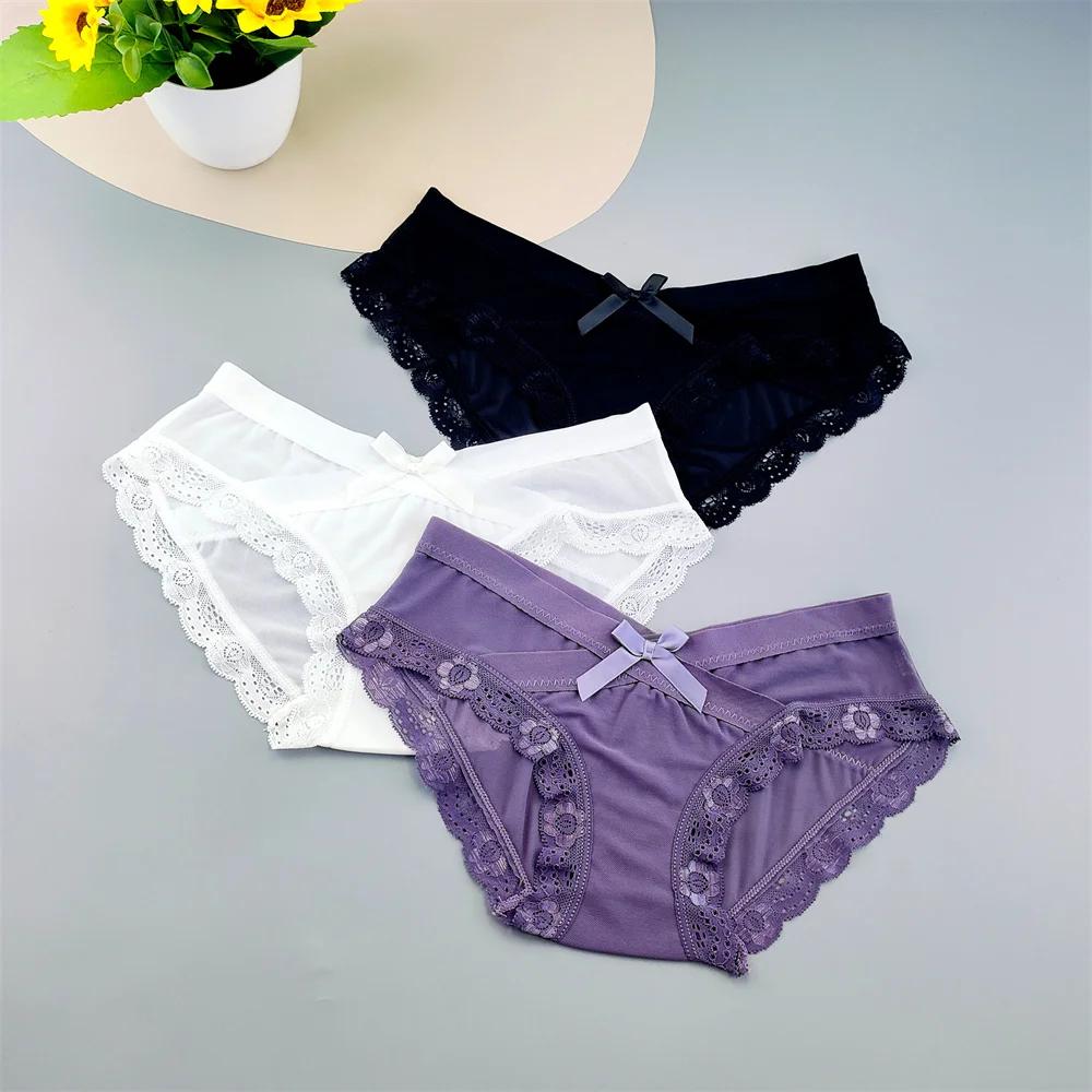 3 шт. Женское сетчатое нижнее белье с низкой посадкой, кружевными оборками, милые женские перспективные сексуальные трусы, удобные трусики