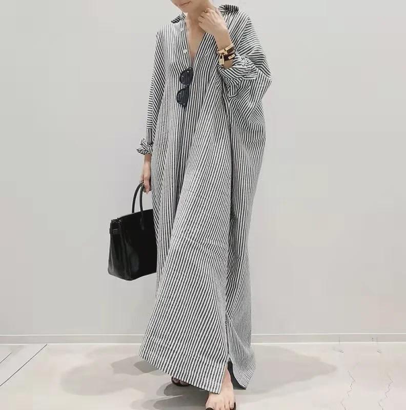 2024 New Cotton-Linen Striped Loose Fit Dress - Large Size, Elegant Design