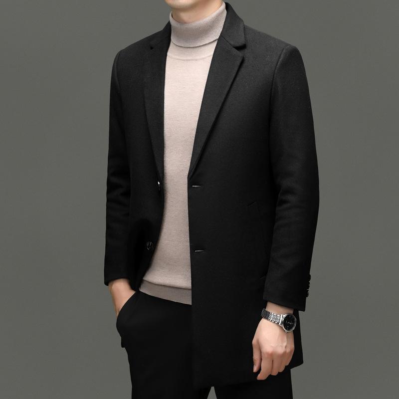 Осенне-зимнее мужское шерстяное пальто в стиле business casual, однотонное, средней и большой длины, с воротником-стойкой, двустороннее