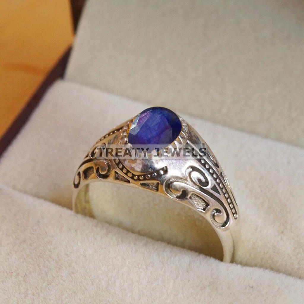 Blue Sapphire Oval Cut Gemstone With 925 Sterling Silver Ring For Men's #B581 JL375686463723