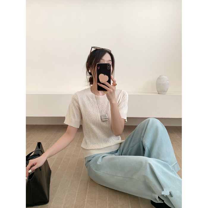 Топ женский вязаный с коротким рукавом и круглым вырезом, ажурный, в новом летнем стиле