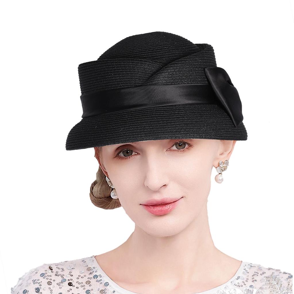 Women’s Vintage Straw Cloche Church Hat with Satin Bow | Elegant Bowler Bucket Hat for Tea Party Wedding Garden Formal Events